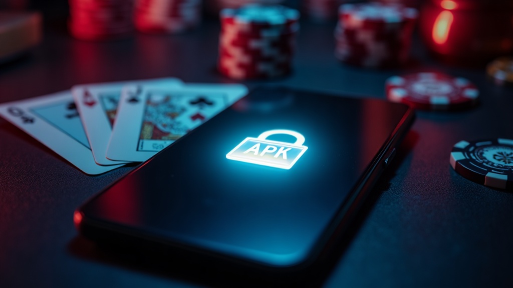 Android-Smartphone mit APK-Symbol in dunkler Casino-Szene