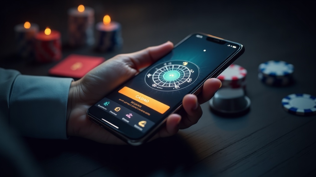 Smartphone mit übersichtlicher Casino-App und dunklem Hintergrund